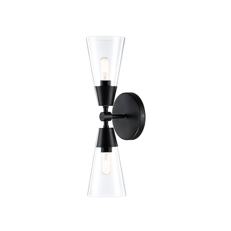 Designers Fountain Norro 5.25in 2-Light Matte Black Modern Indoor Wall Sconce with Clear Glass Shades D290C-2WS-MB